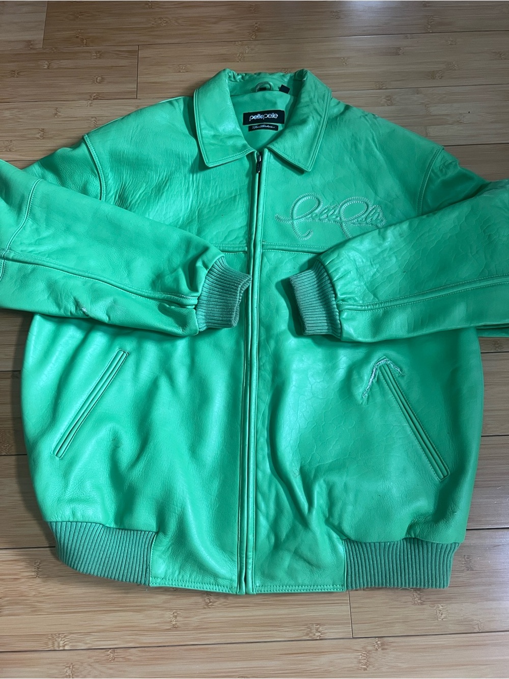 Pelle Pelle Vintage Green Leather Jacket Bomber Men’s Size 50 Stitched Front
